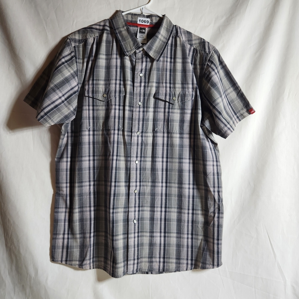 North Face Pearl Snap Men's XL Plaid Short Sleeve Shirt - Gray